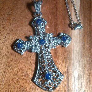 Amethyst and White Crystal Silvertone Cross Stainless Steel Necklace